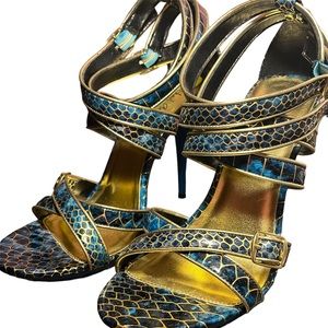 Michael Antonio Blue & Gold Snakeskin Open Toe Heels